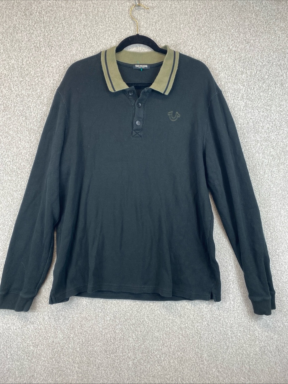 True Religion Thermal LS Polo Shirt Mens 2XL Waffle Knit Y2K Logo